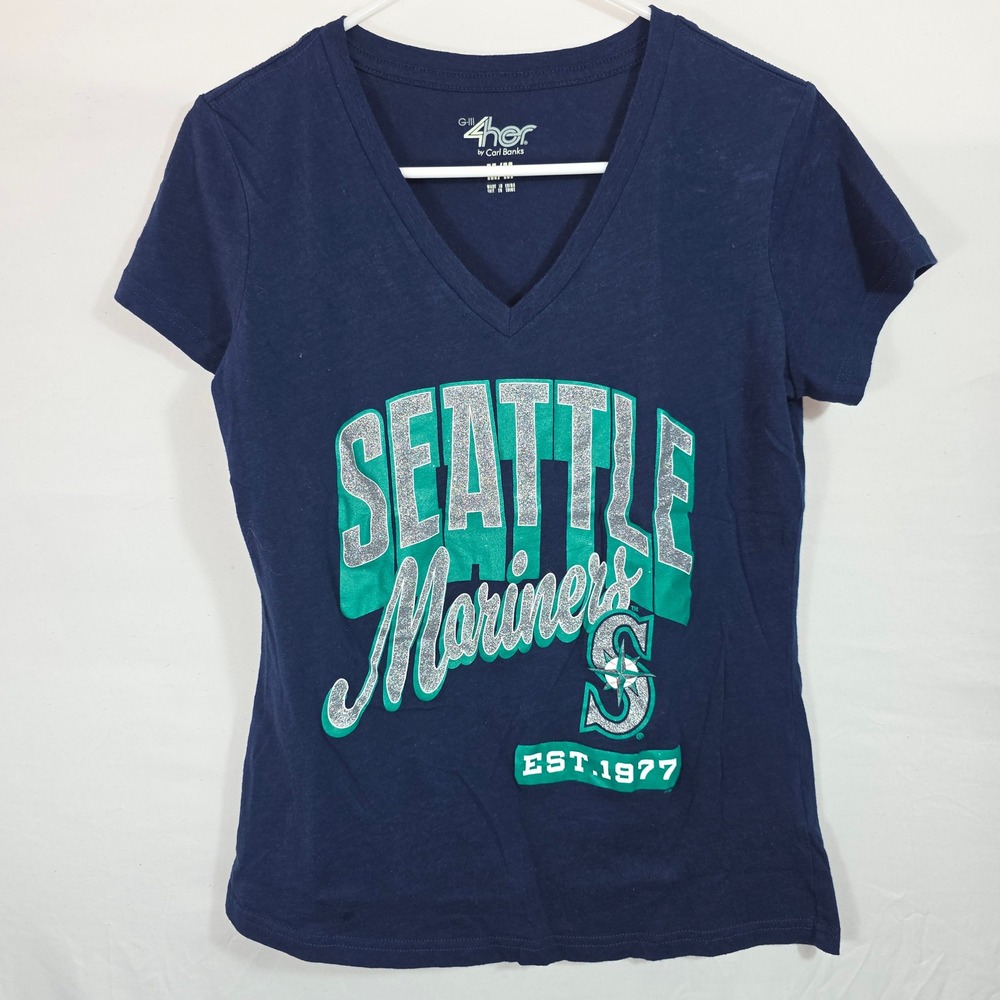 G-III 4Her Seattle Mariners V-Neck T-Shirt Womens Medium Navy Blue Glitter MLB